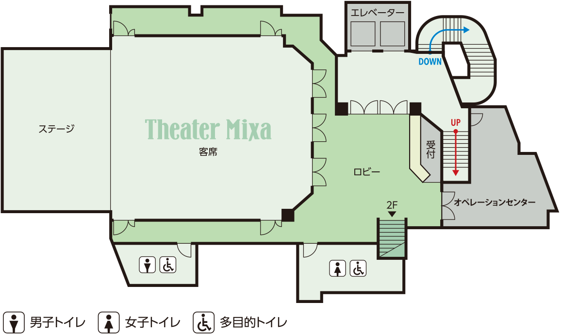 ミクサライブ東京6F。シアターミクサ、ロビー、物販エリア、男女トイレ、多目的トイレがある。