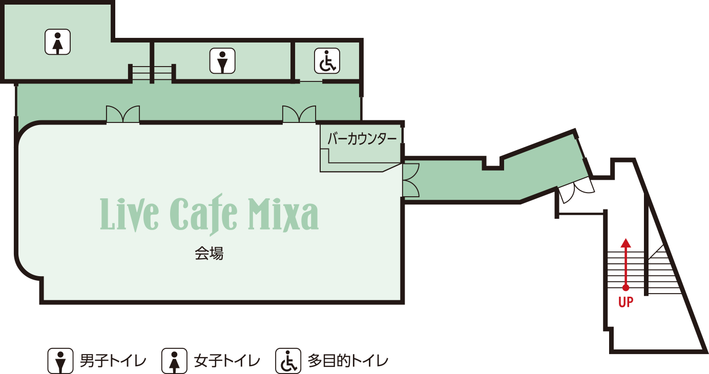 ミクサライブ東京9F。ライブカフェミクサ、男女トイレ、多目的トイレがある。